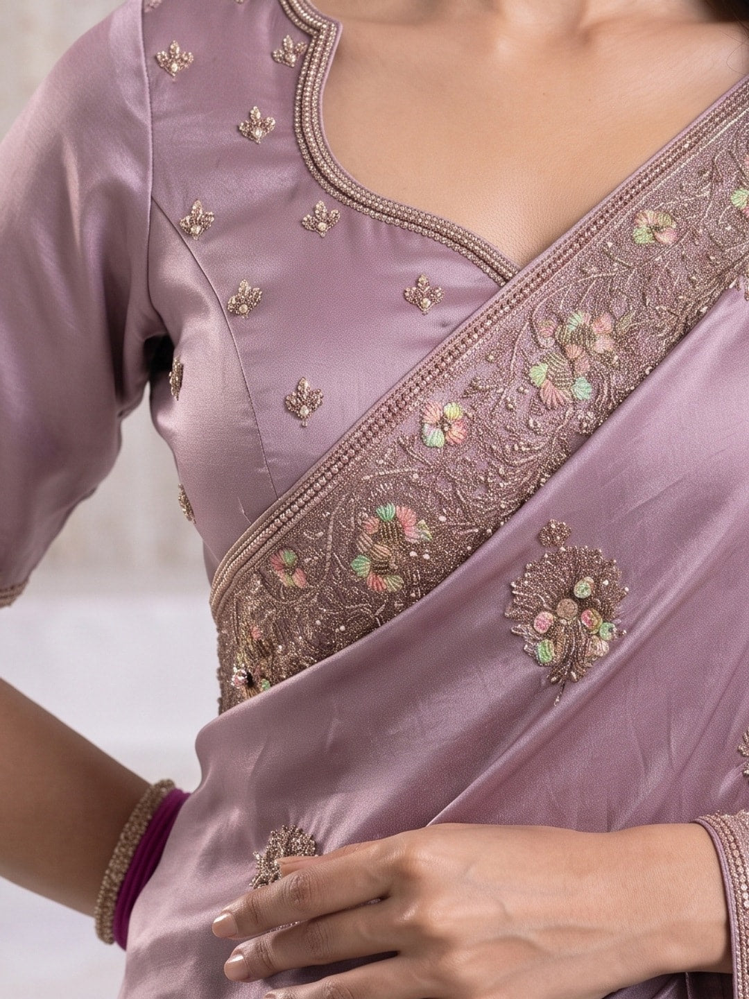 Peachmode Mauve Satin Saree With Embroidered Floral Border And Buttis - Image 5