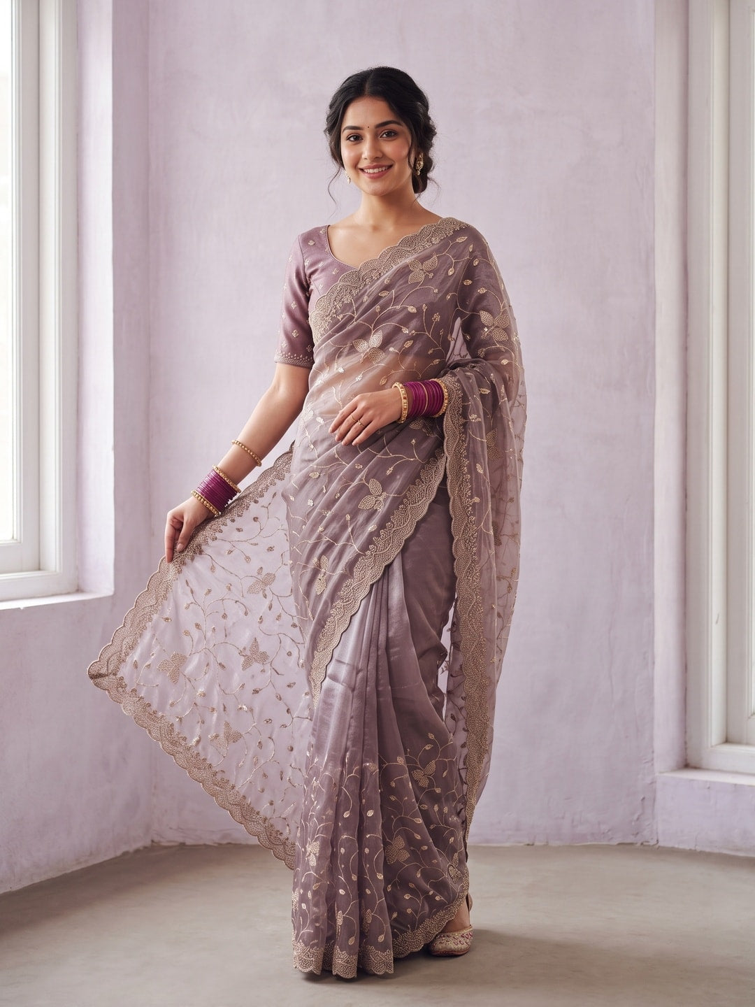 Peachmode Mauve Net Saree With Floral Thread And Sequin Embroidery And Scalloped Border - Image 1