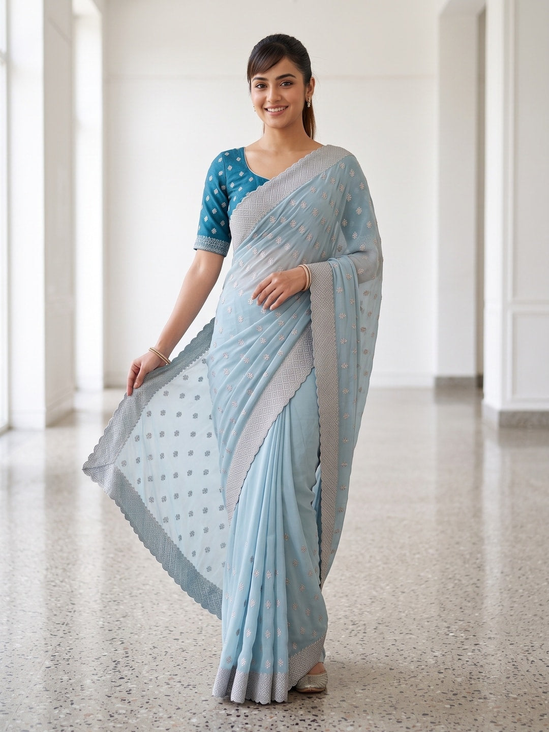 Peachmode Powder Blue Georgette Saree With Embroidered Buttis And Lace Border - Image 1