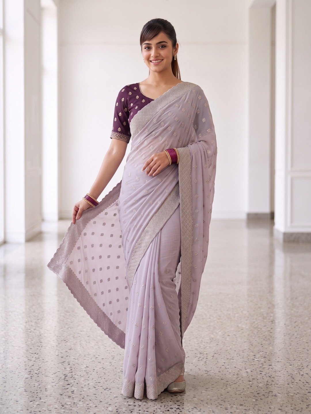 Peachmode Lavender Georgette Saree With Embroidered Buttis And Lace Border - Image 1