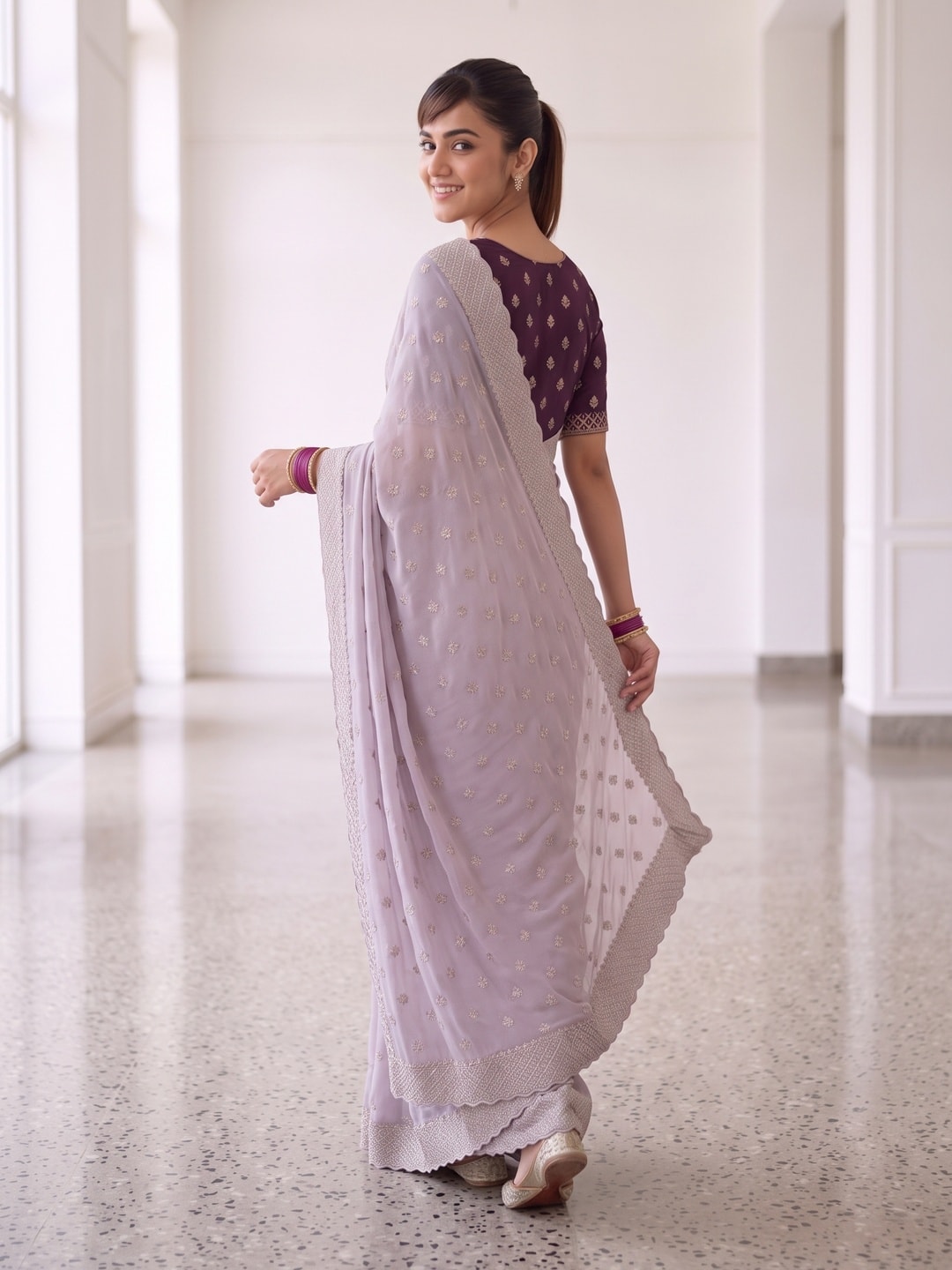 Peachmode Lavender Georgette Saree With Embroidered Buttis And Lace Border - Image 2