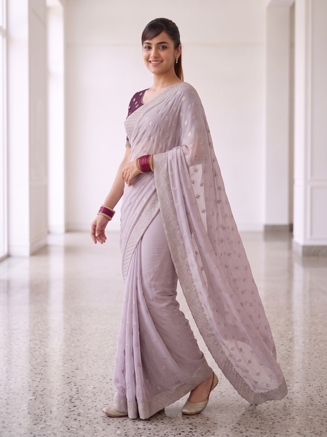 Peachmode Lavender Georgette Saree With Embroidered Buttis And Lace Border - Image 3