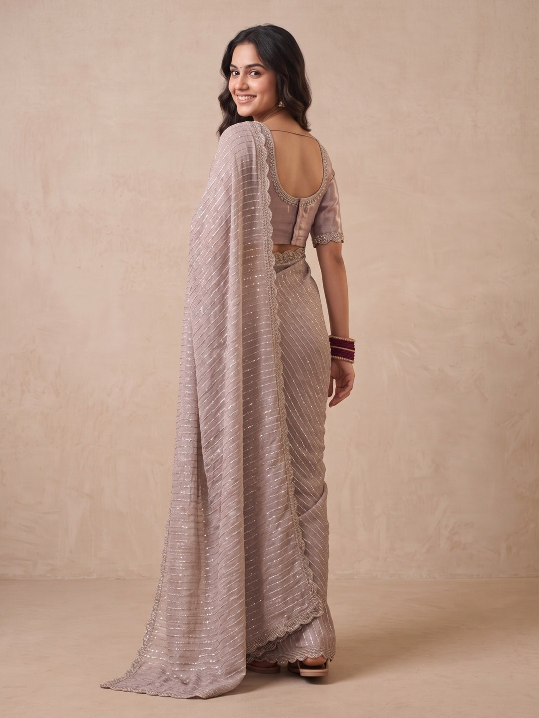 Peachmode Taupe Georgette Saree With Sequin Stripes And Embroidered Border - Image 2