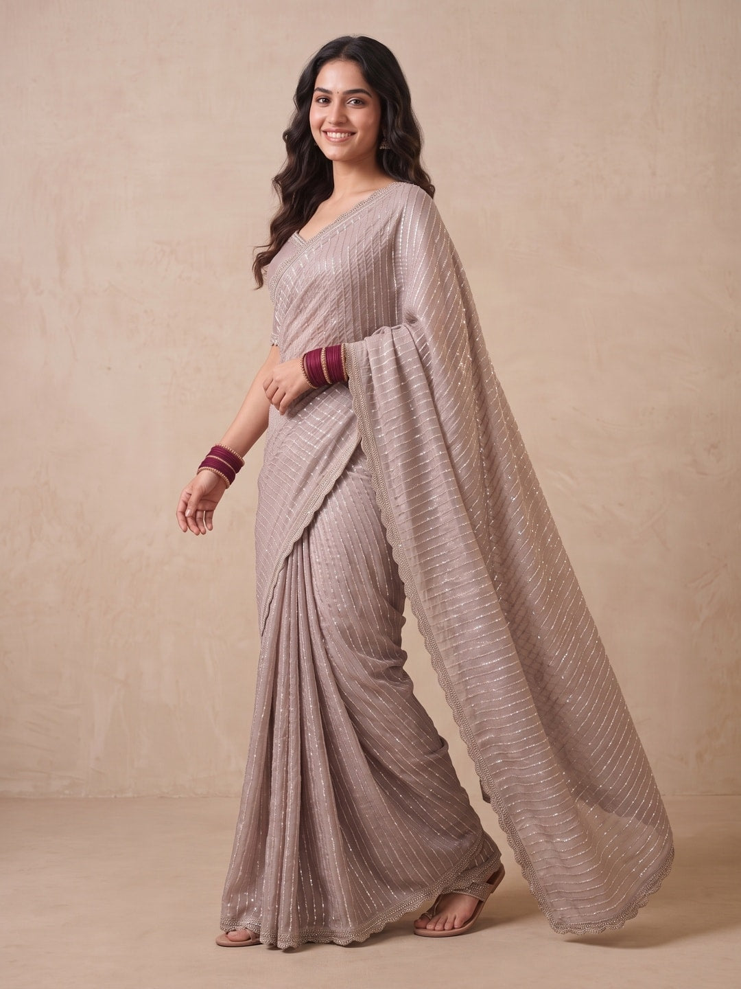 Peachmode Taupe Georgette Saree With Sequin Stripes And Embroidered Border - Image 3