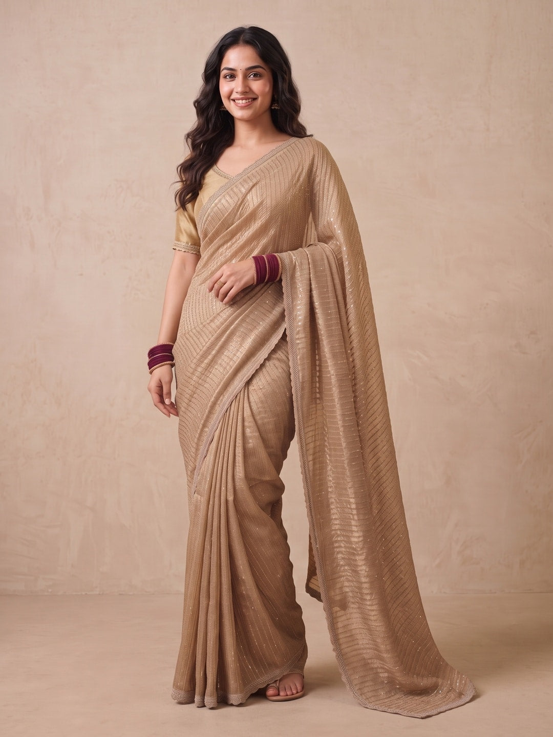 Peachmode Gold Georgette Saree With Sequin Stripes - Image 1