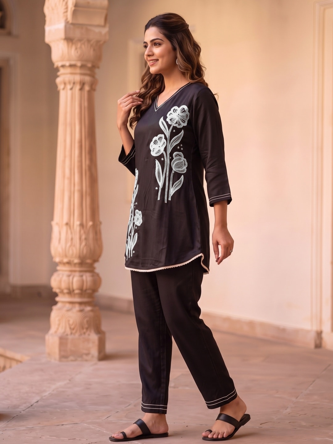 Peachmode Black Viscose Blend Bead Embroidered Top Bottom Set - Image 3