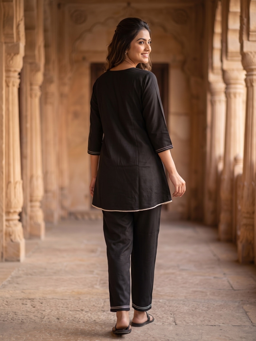 Peachmode Black Viscose Blend Bead Embroidered Top Bottom Set - Image 4