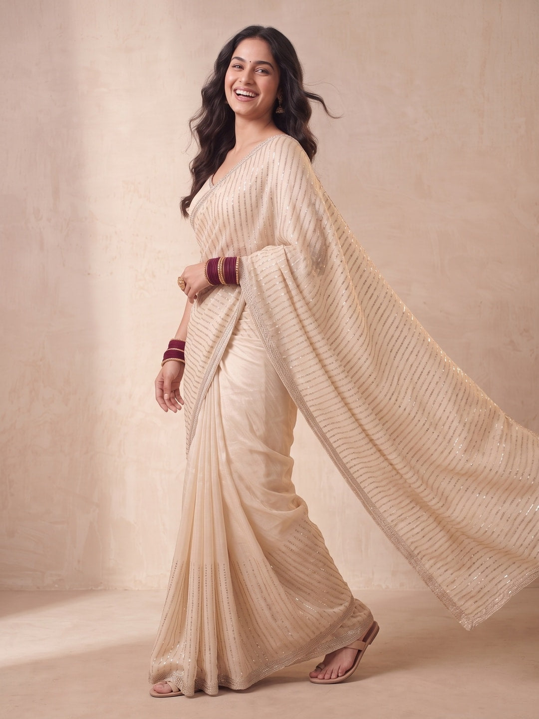 Peachmode Cream Georgette Saree With Zari Stripes - Image 3