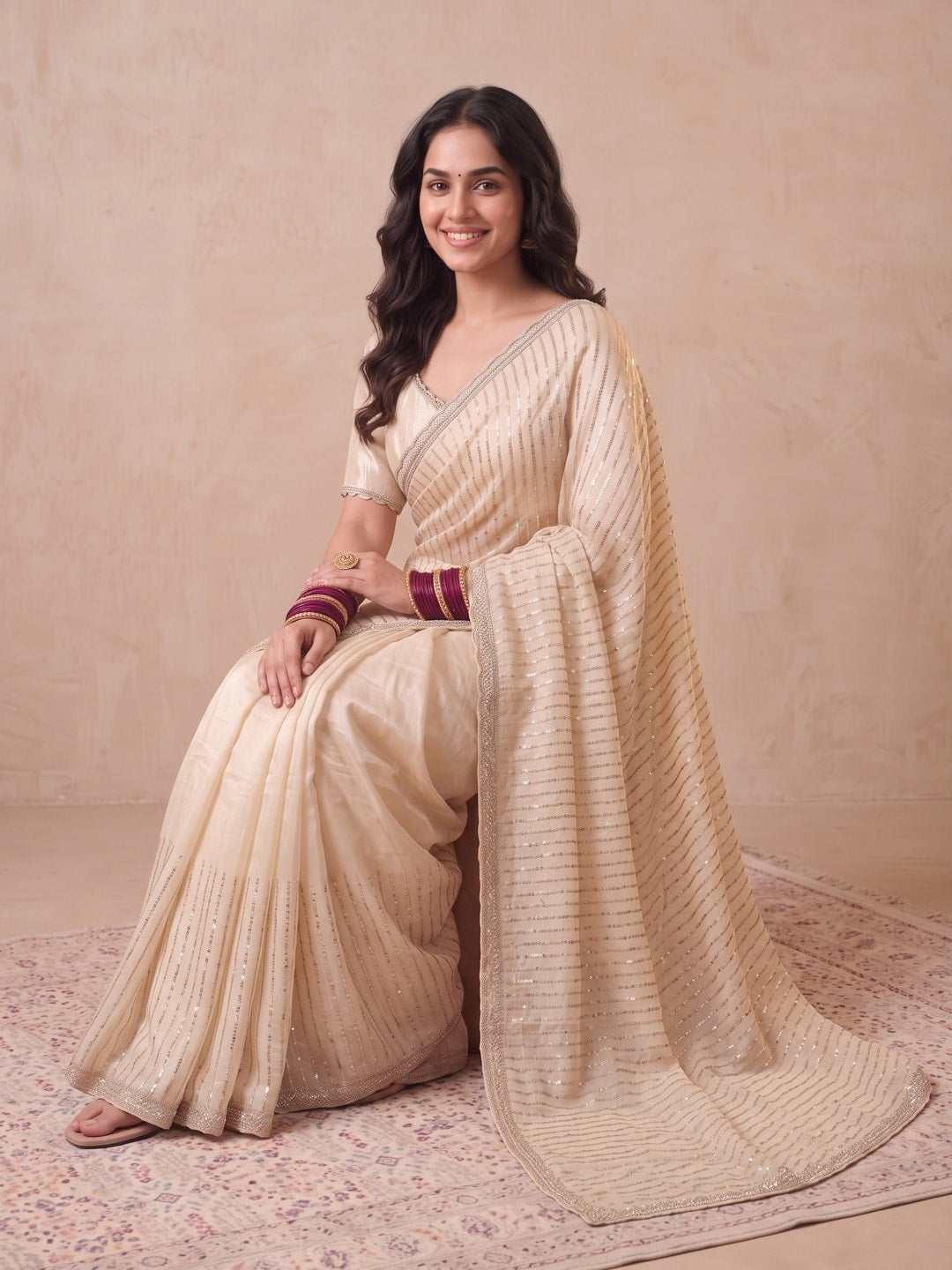 Peachmode Cream Georgette Saree With Zari Stripes - Image 4