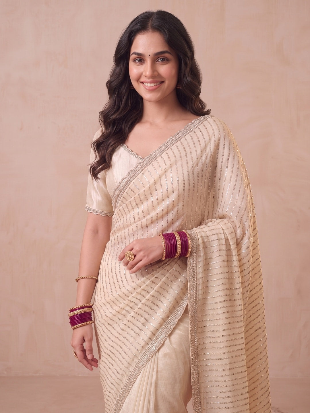 Peachmode Cream Georgette Saree With Zari Stripes - Image 5