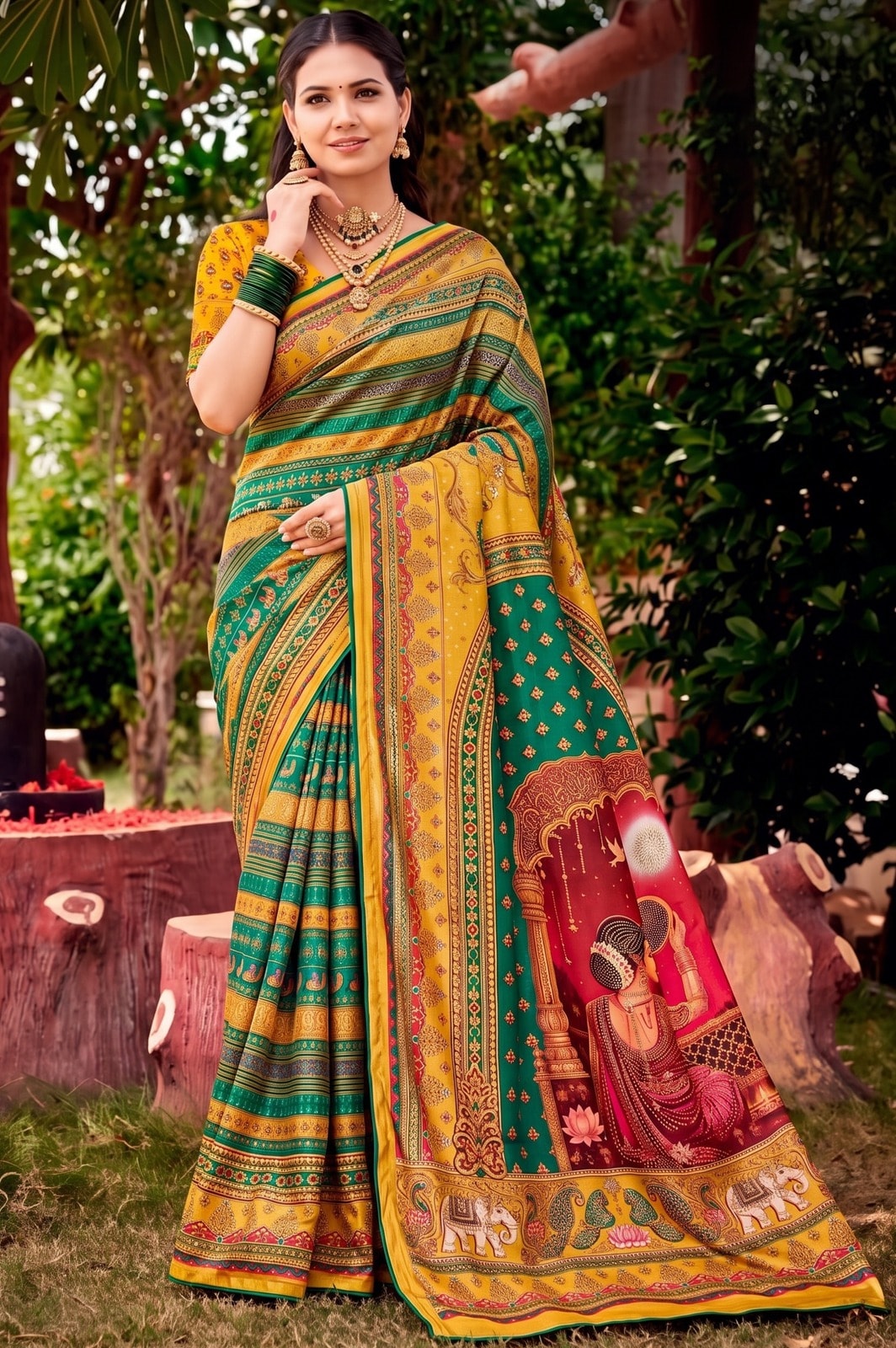 Peachmode Green Digital Print Chinon Saree With Floral Paisley Stripes And Decorative Pallu - Image 1