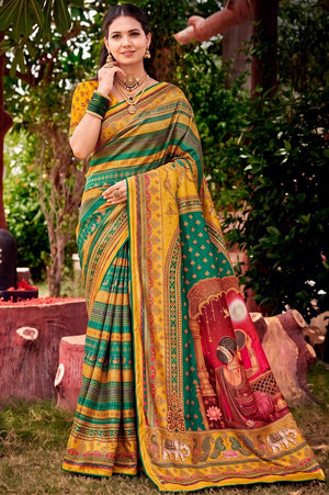 Peachmode Green Digital Print Chinon Saree With Floral Paisley Stripes And Decorative Pallu - Image 1