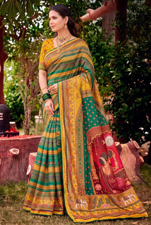 Peachmode Green Digital Print Chinon Saree With Floral Paisley Stripes And Decorative Pallu - Image 2