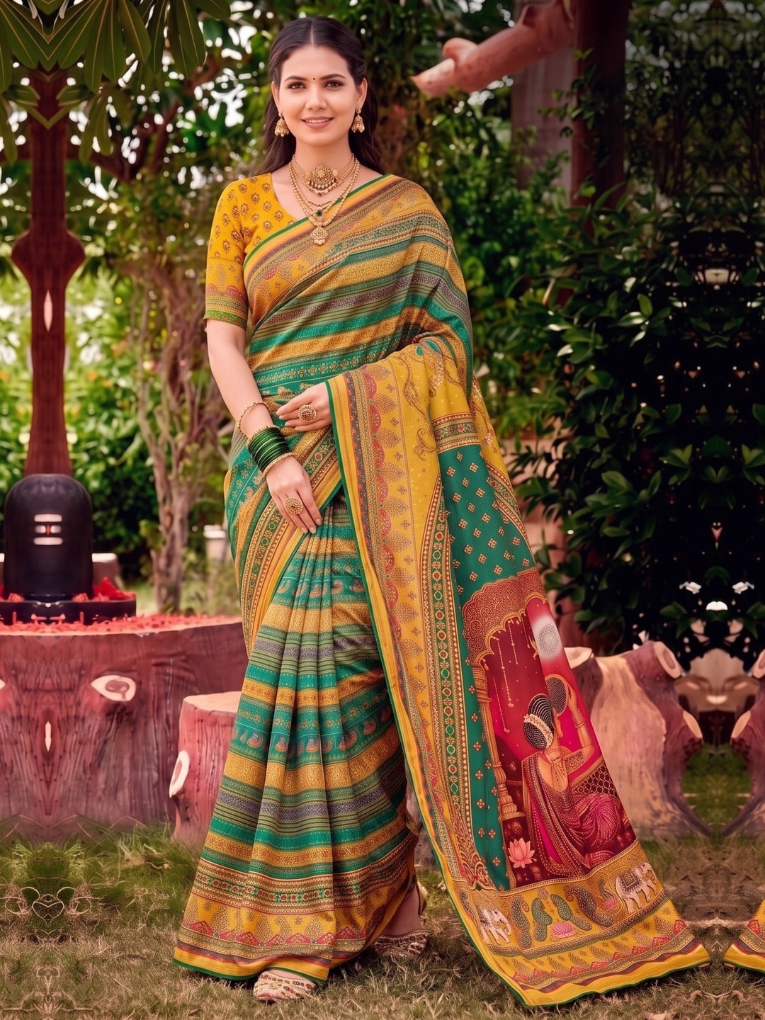 Peachmode Green Digital Print Chinon Saree With Floral Paisley Stripes And Decorative Pallu - Image 5