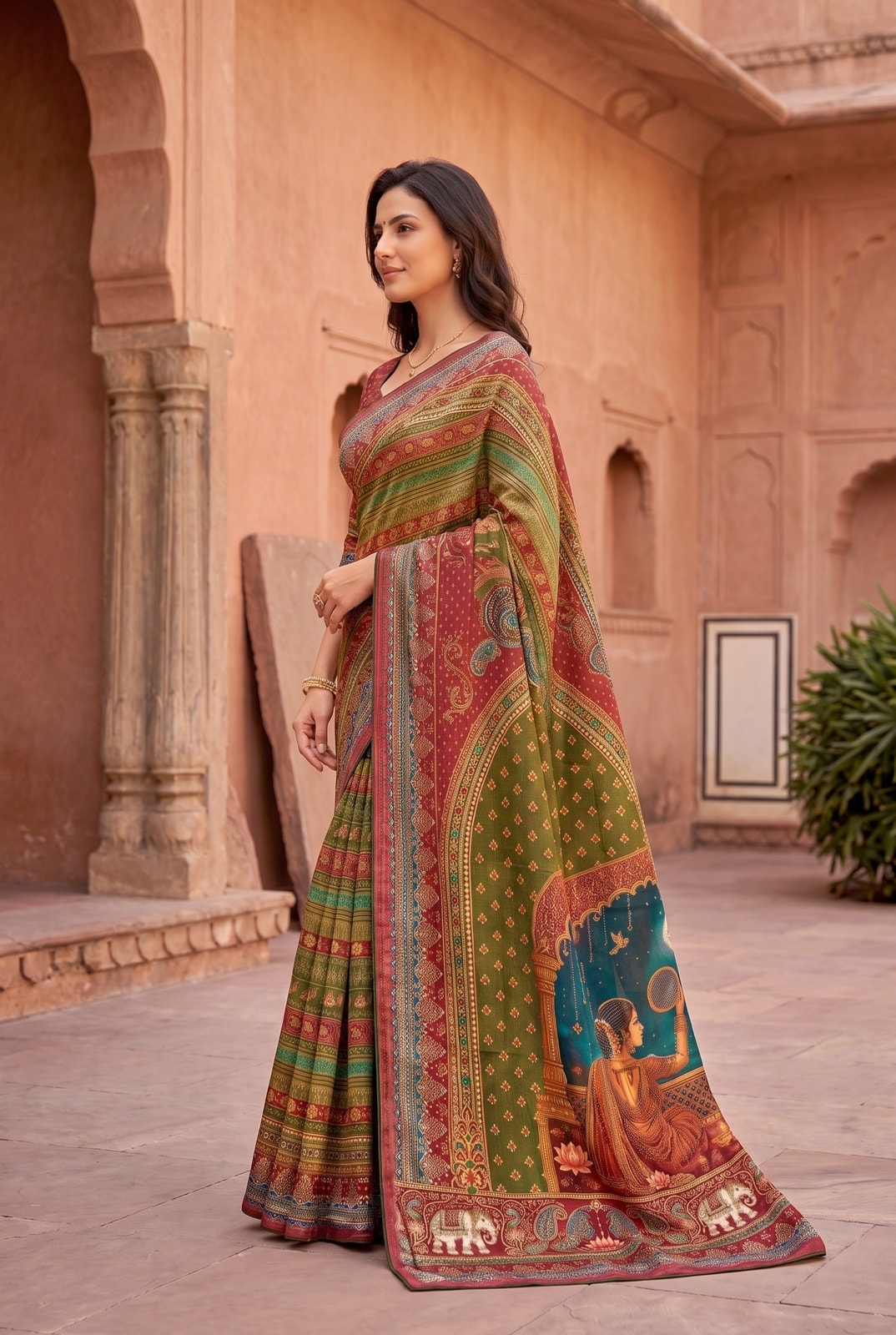 Peachmode Red Digital Print Chinon Saree With Floral Paisley Stripes And Decorative Pallu - Image 2