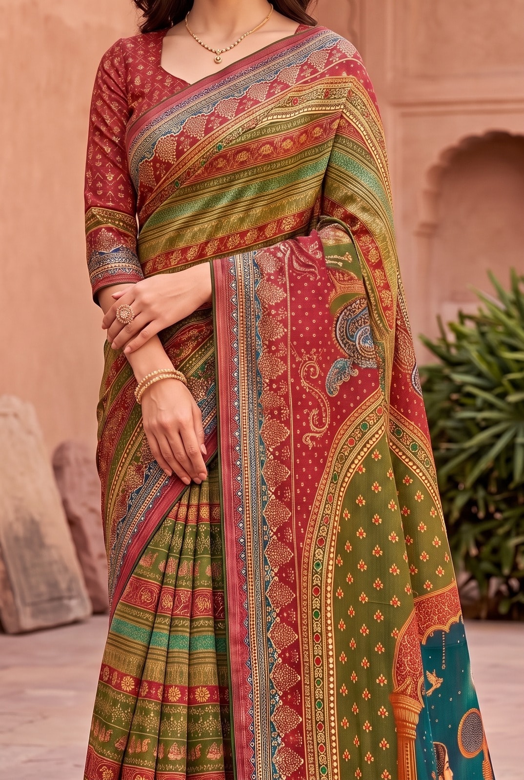 Peachmode Red Digital Print Chinon Saree With Floral Paisley Stripes And Decorative Pallu - Image 4