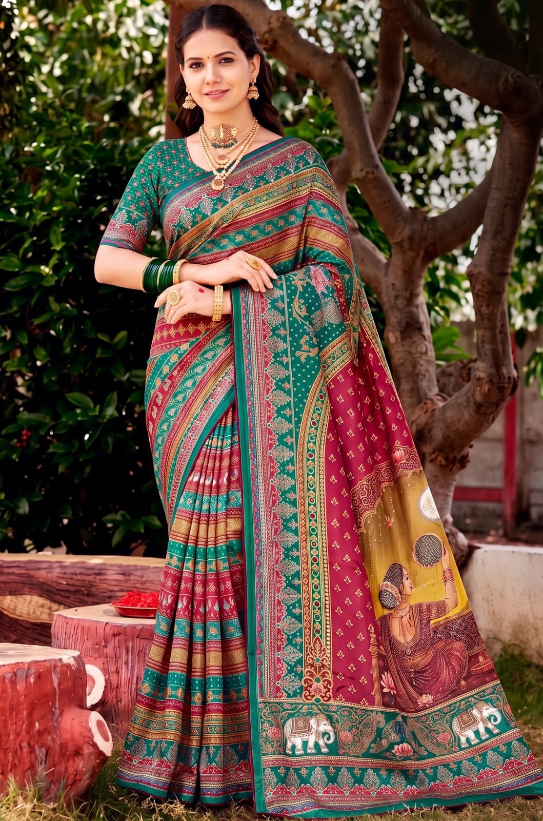 Peachmode Green Digital Print Chinon Saree With Floral Paisley Stripes And Decorative Pallu - Image 1