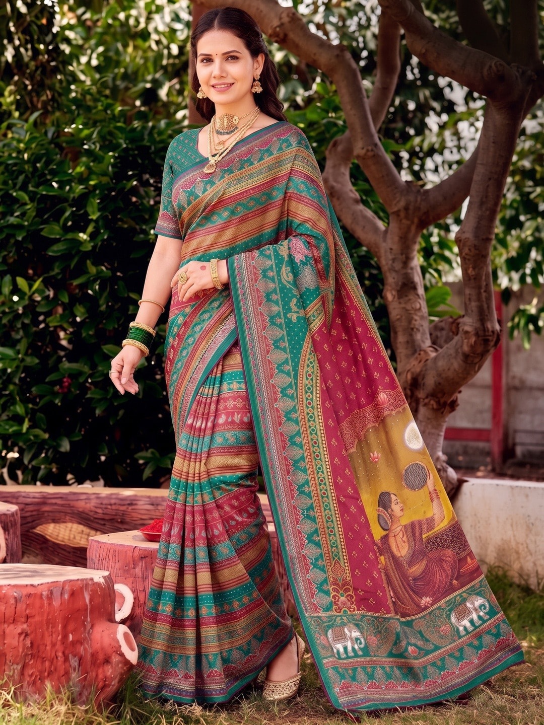 Peachmode Green Digital Print Chinon Saree With Floral Paisley Stripes And Decorative Pallu - Image 5