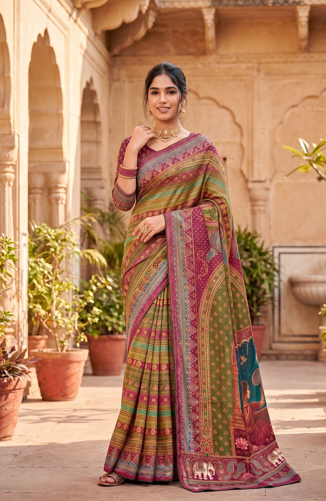Peachmode Pink Digital Print Chinon Saree With Floral Paisley Stripes And Decorative Pallu - Image 1
