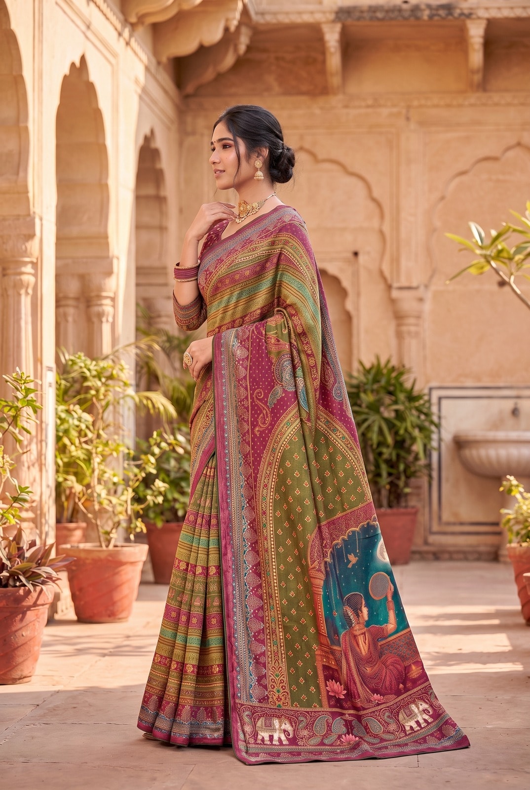 Peachmode Pink Digital Print Chinon Saree With Floral Paisley Stripes And Decorative Pallu - Image 3