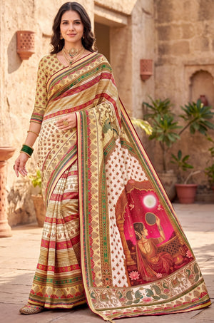 Peachmode Off White Digital Print Chinon Saree With Floral Paisley Stripes And Decorative Pallu - Image 1