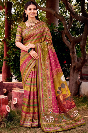 Peachmode Mehendi Digital Print Chinon Saree With Floral Paisley Stripes And Decorative Pallu - Image 1