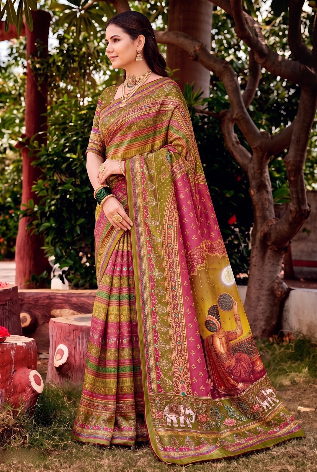 Peachmode Mehendi Digital Print Chinon Saree With Floral Paisley Stripes And Decorative Pallu - Image 2