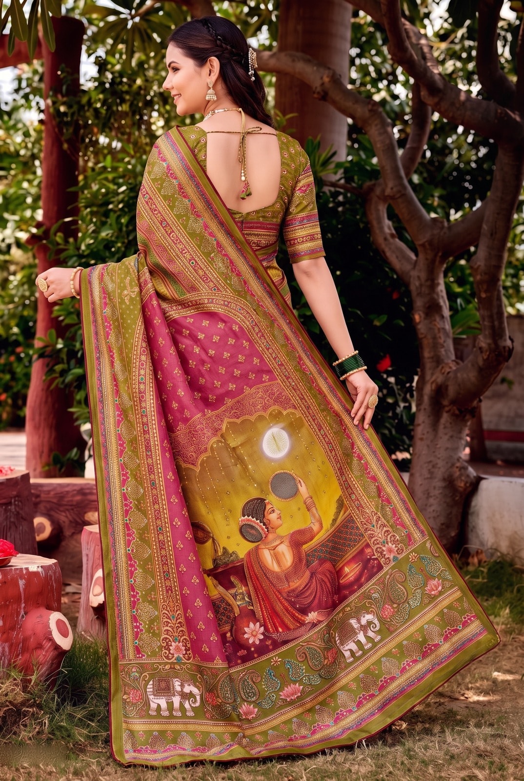 Peachmode Mehendi Digital Print Chinon Saree With Floral Paisley Stripes And Decorative Pallu - Image 3