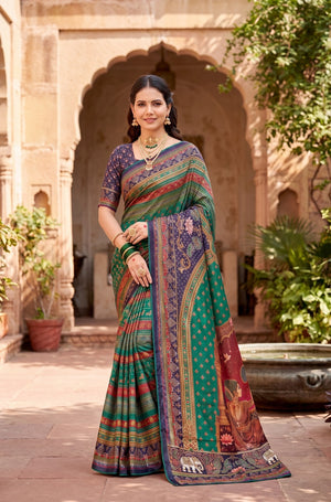 Peachmode Blue Digital Print Chinon Saree With Floral Paisley Stripes And Decorative Pallu - Image 1