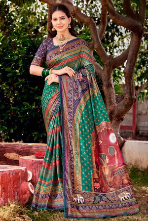 Peachmode Blue Digital Print Chinon Saree With Floral Paisley Stripes And Decorative Pallu - Image 2