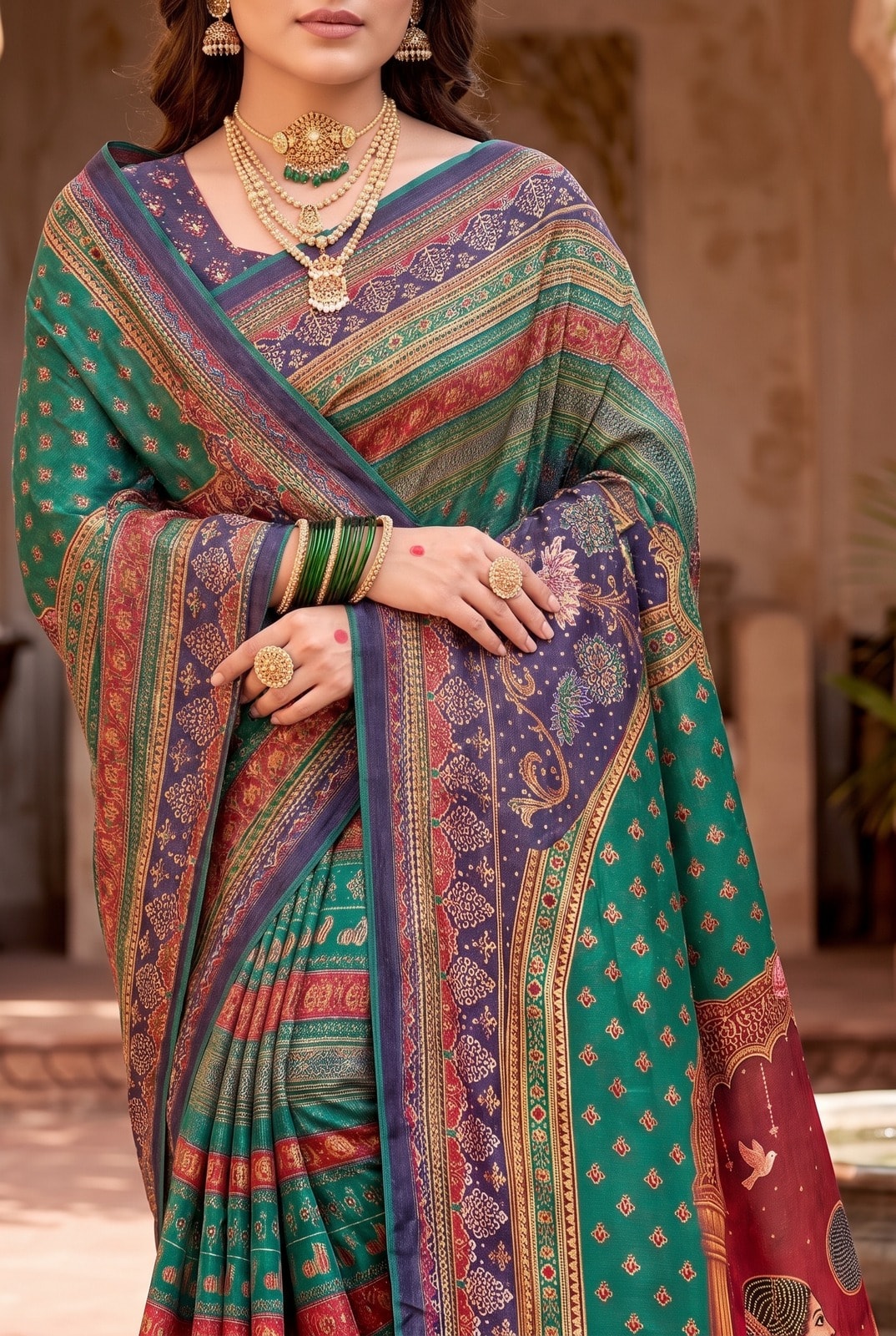 Peachmode Blue Digital Print Chinon Saree With Floral Paisley Stripes And Decorative Pallu - Image 4
