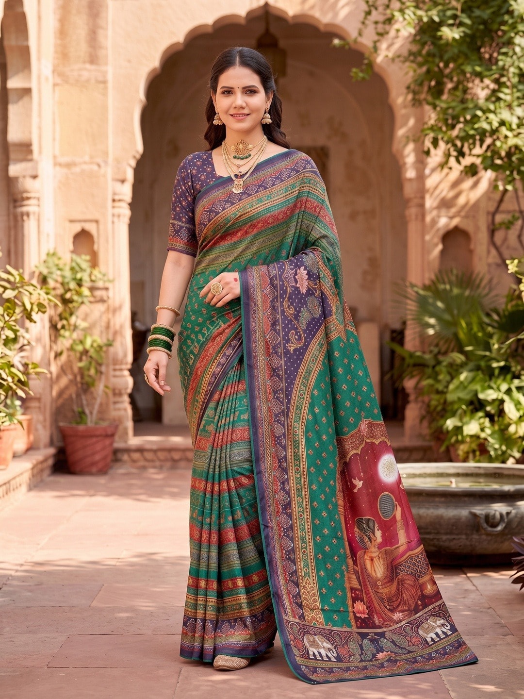 Peachmode Blue Digital Print Chinon Saree With Floral Paisley Stripes And Decorative Pallu - Image 5