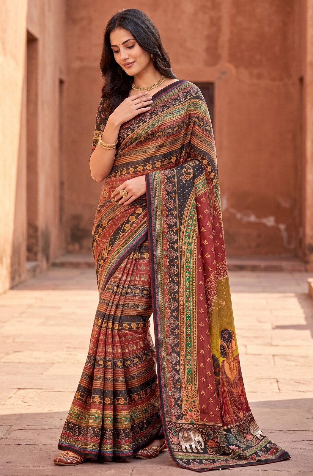 Peachmode Maroon Digital Print Chinon Saree With Floral Paisley Stripes And Decorative Pallu - Image 1