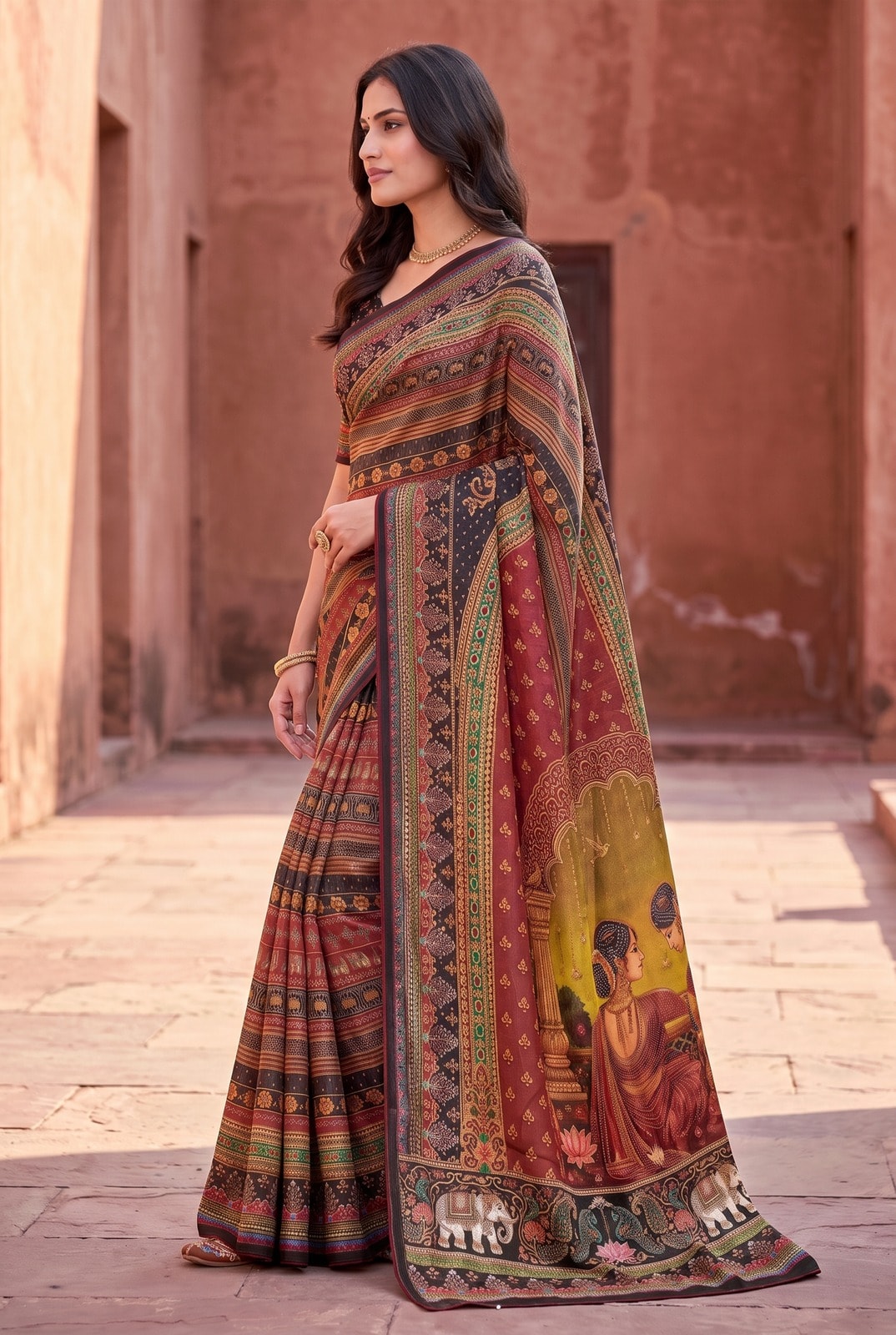 Peachmode Maroon Digital Print Chinon Saree With Floral Paisley Stripes And Decorative Pallu - Image 3