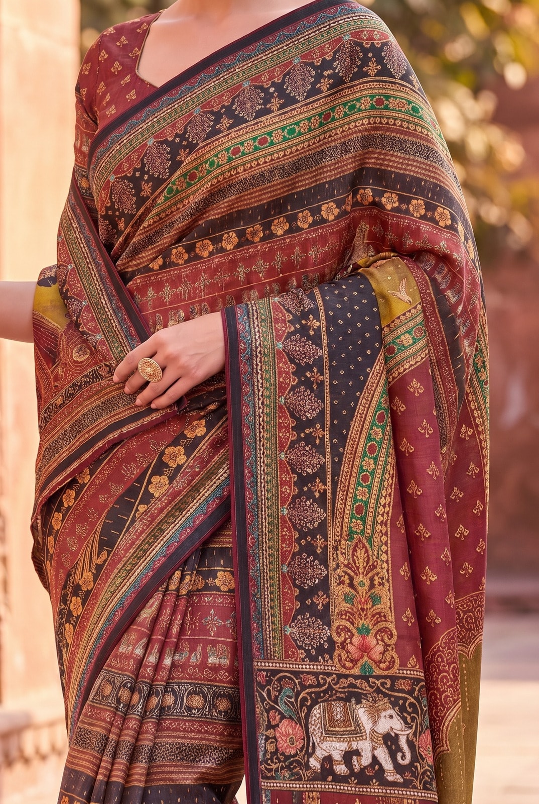 Peachmode Maroon Digital Print Chinon Saree With Floral Paisley Stripes And Decorative Pallu - Image 4