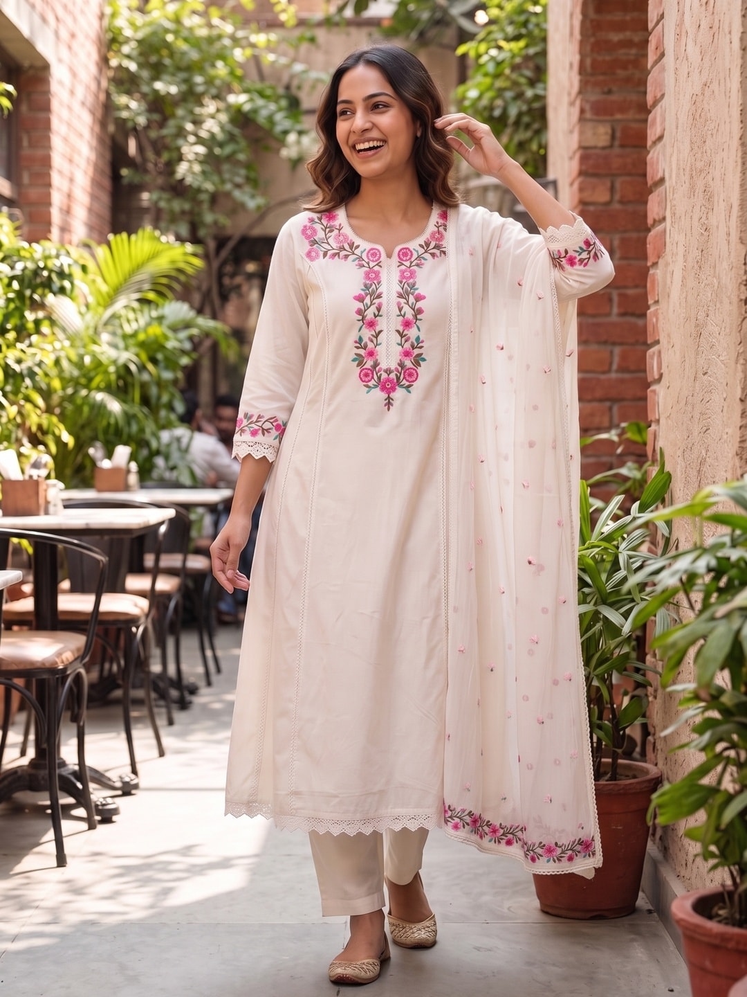 Peachmode Off White Pure Cotton Floral Embroidered Salwar Suit with Mul Cotton Dupatta - Image 2