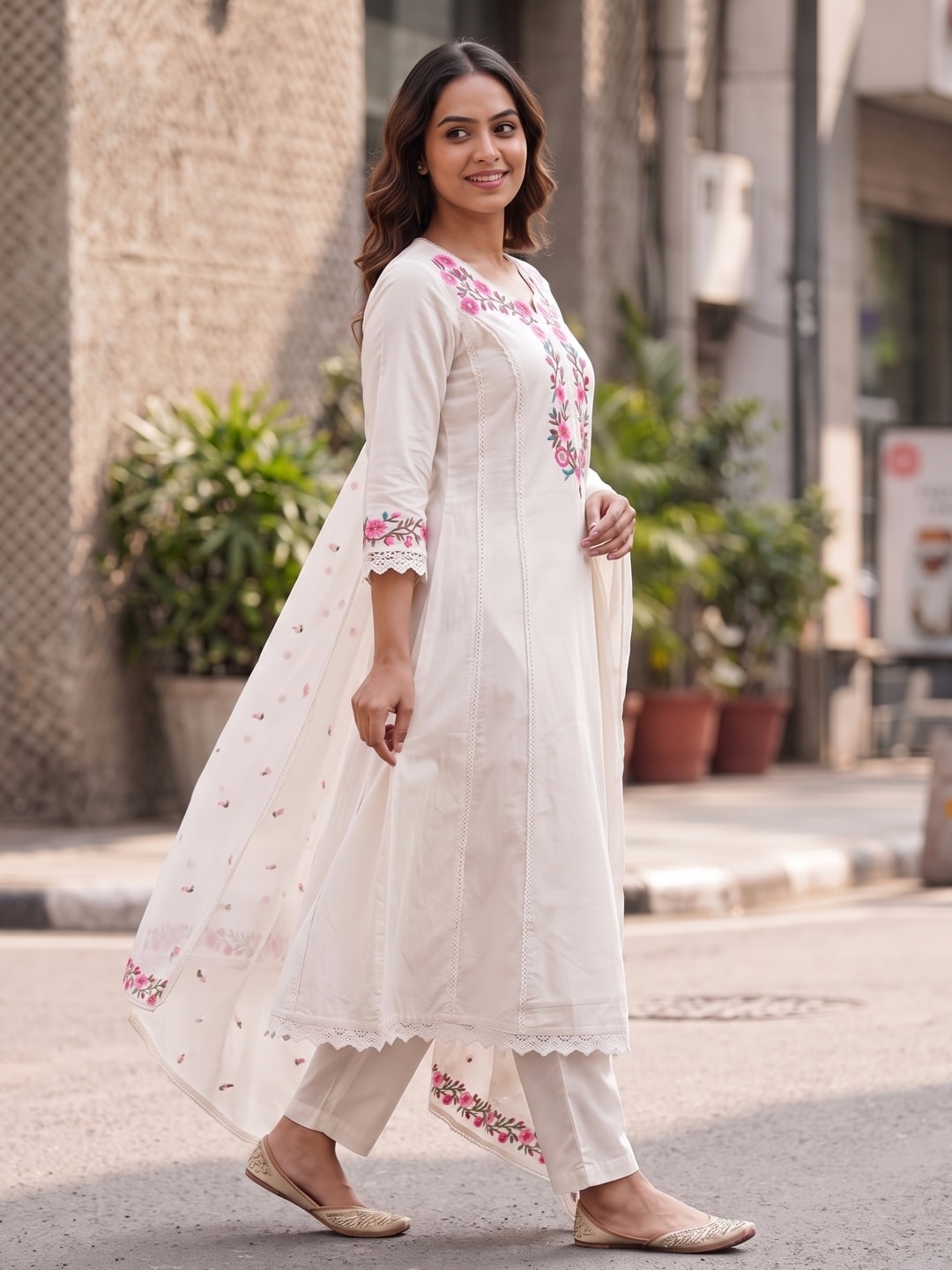Peachmode Off White Pure Cotton Floral Embroidered Salwar Suit with Mul Cotton Dupatta - Image 3