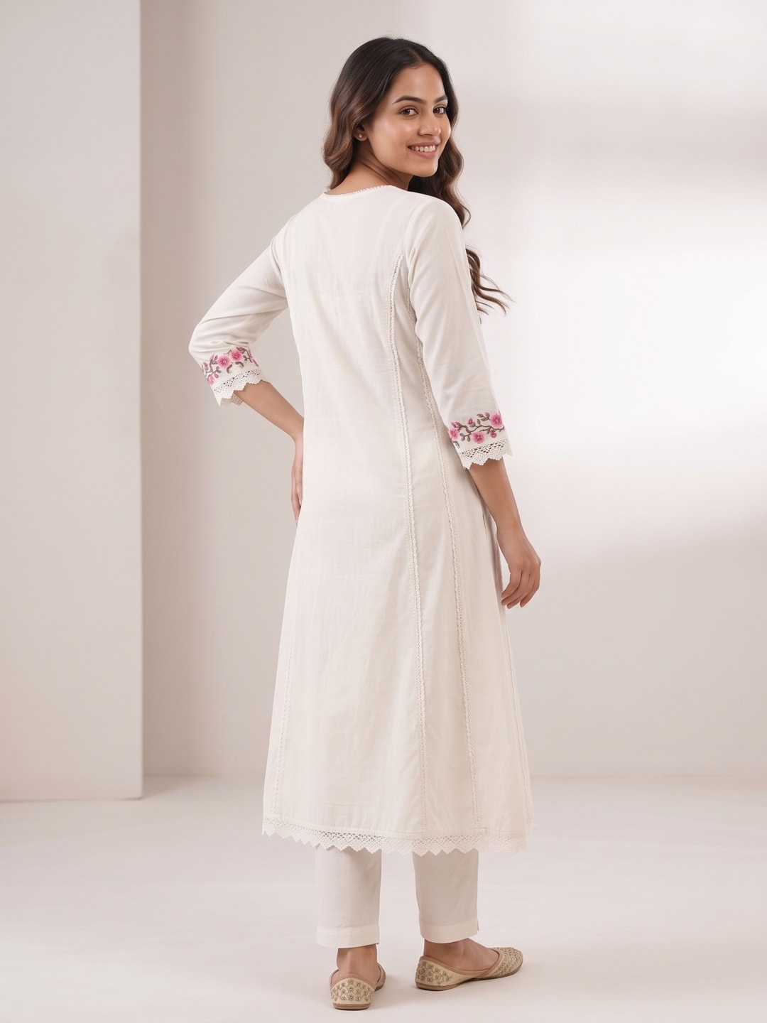 Peachmode Off White Pure Cotton Floral Embroidered Salwar Suit with Mul Cotton Dupatta - Image 4