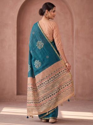 Peachmode Teal Floral Printed Linen Saree With Zari Border - Image 2