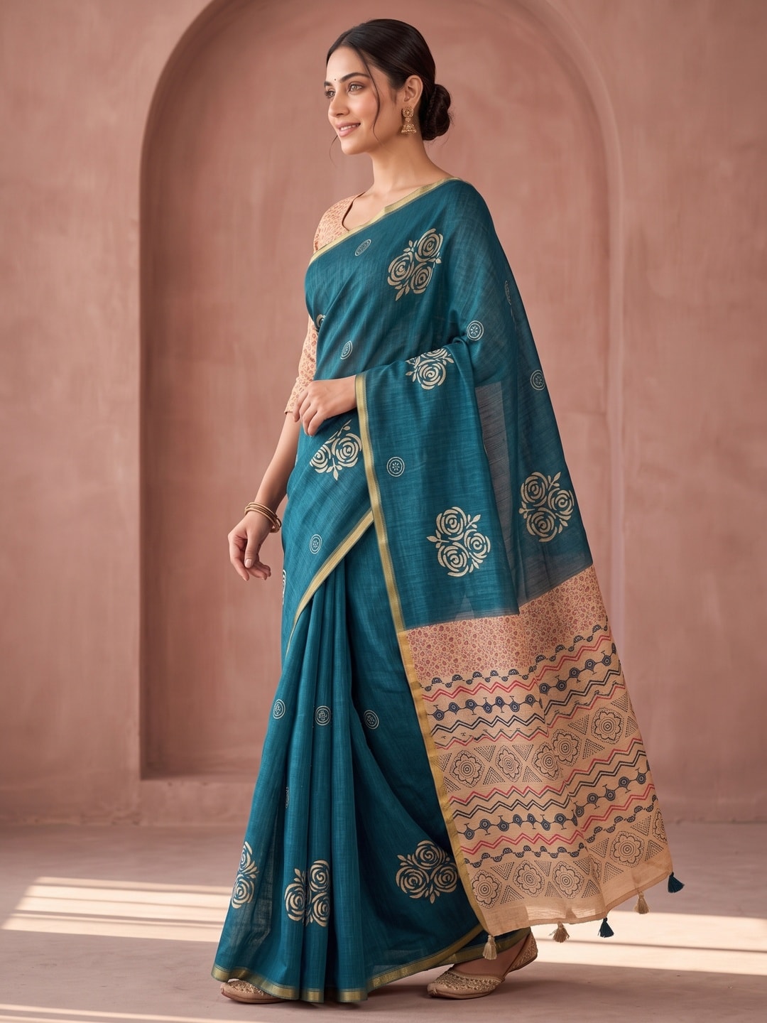 Peachmode Teal Floral Printed Linen Saree With Zari Border - Image 3