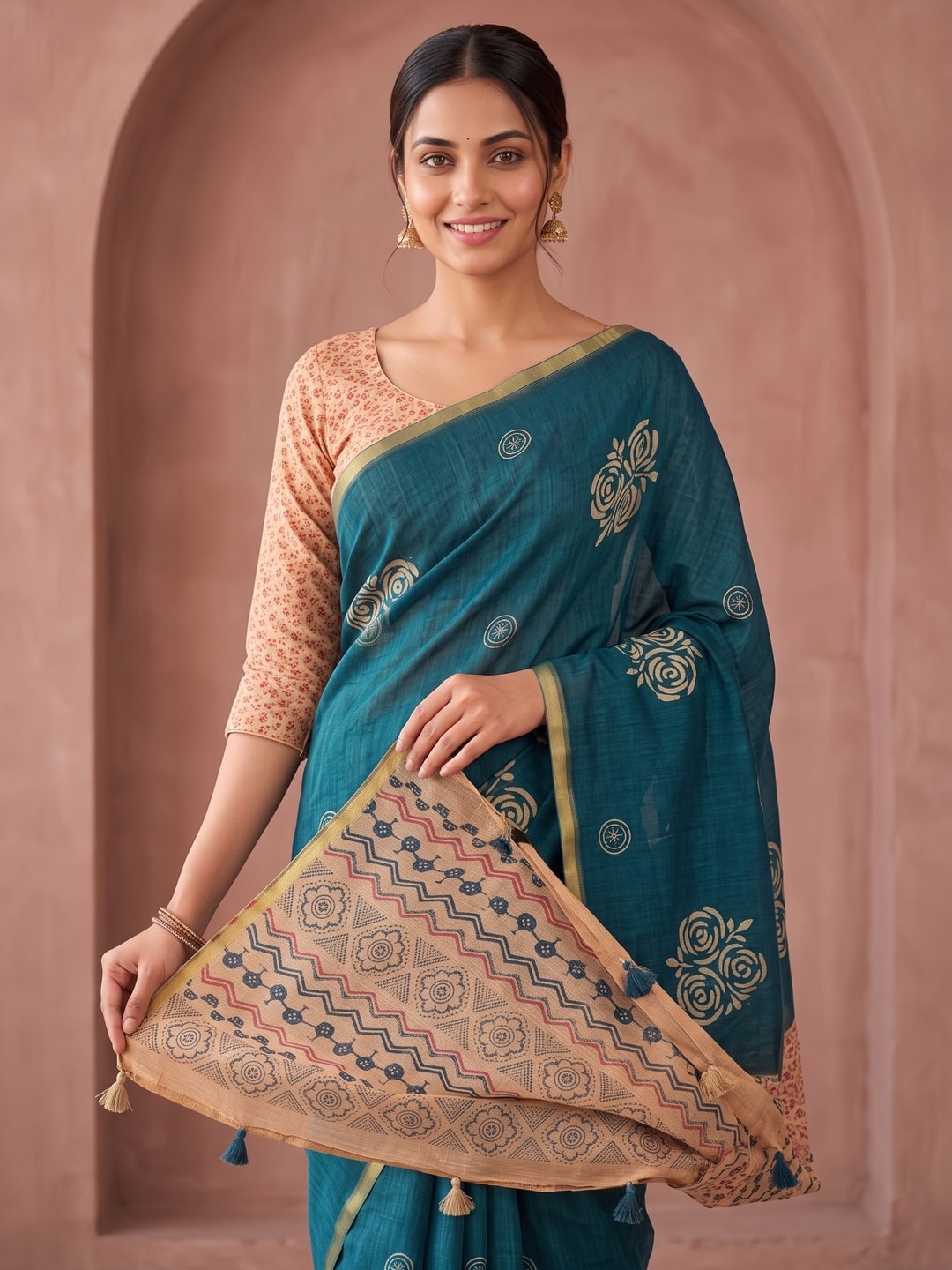 Peachmode Teal Floral Printed Linen Saree With Zari Border - Image 4
