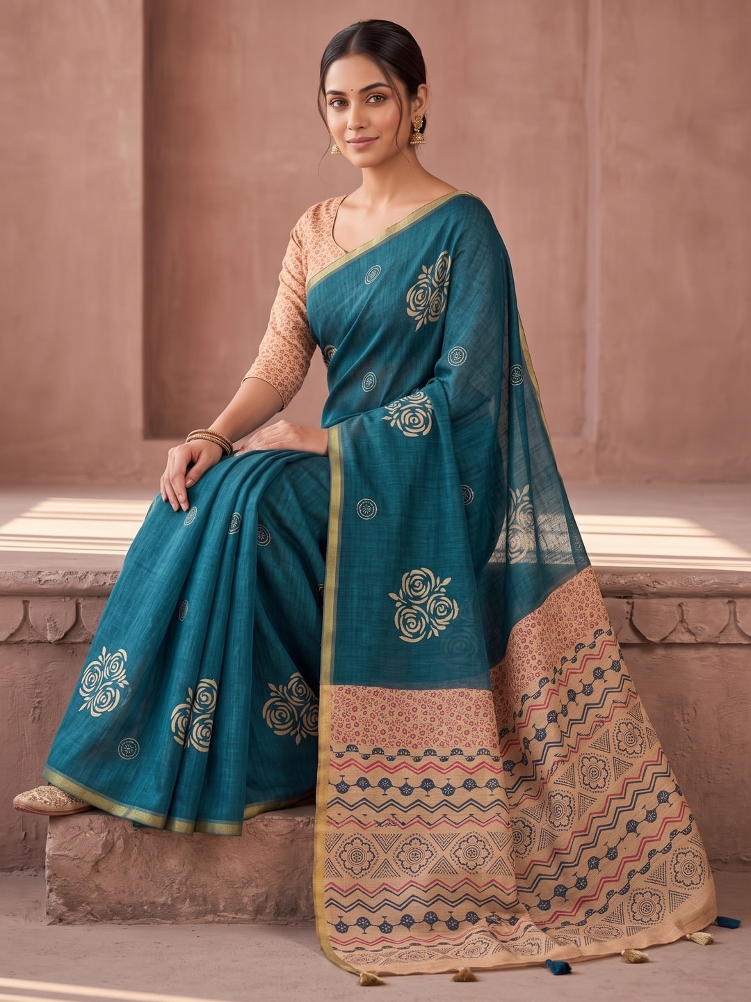 Peachmode Teal Floral Printed Linen Saree With Zari Border - Image 5