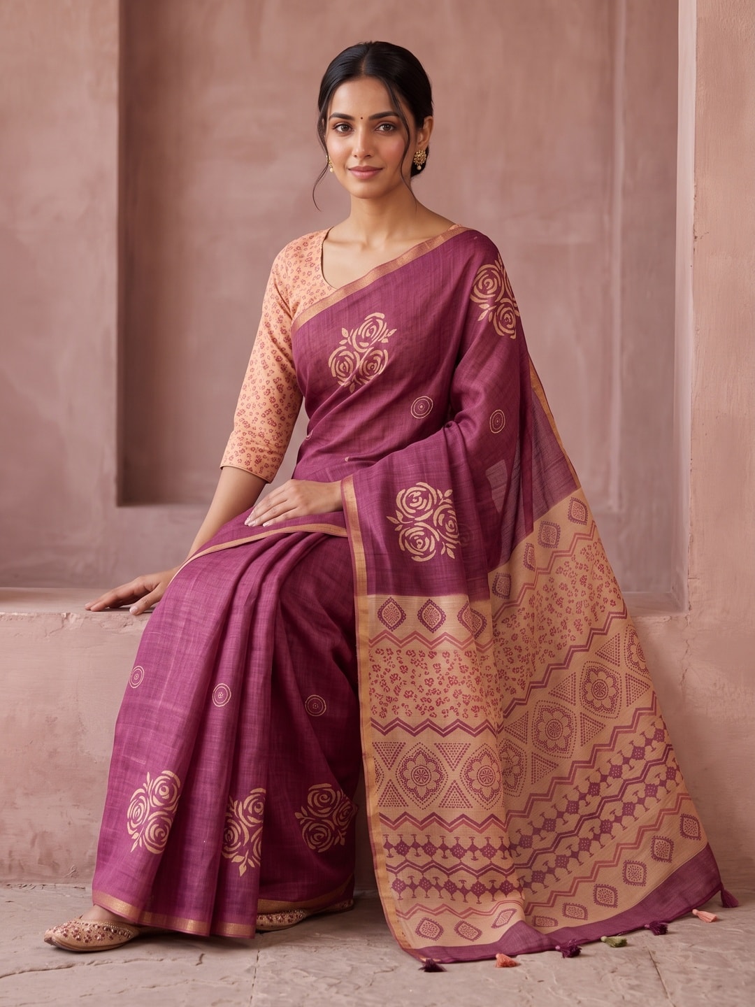Peachmode Wine Floral Printed Linen Saree With Zari Border - Image 5