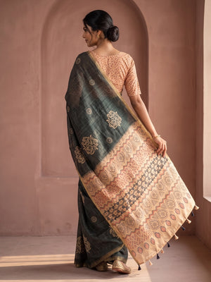 Peachmode Charcoal Grey Floral Printed Linen Saree With Zari Border - Image 2