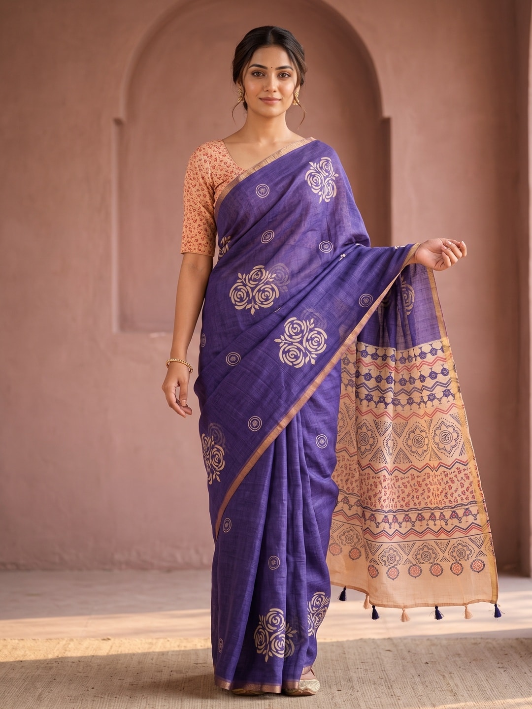Peachmode Purple Floral Printed Linen Saree With Zari Border - Image 1