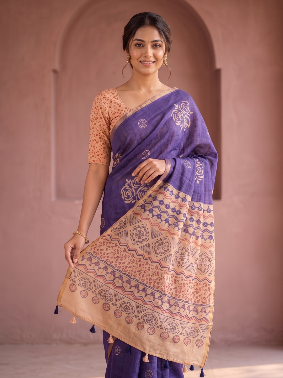 Peachmode Purple Floral Printed Linen Saree With Zari Border - Image 4