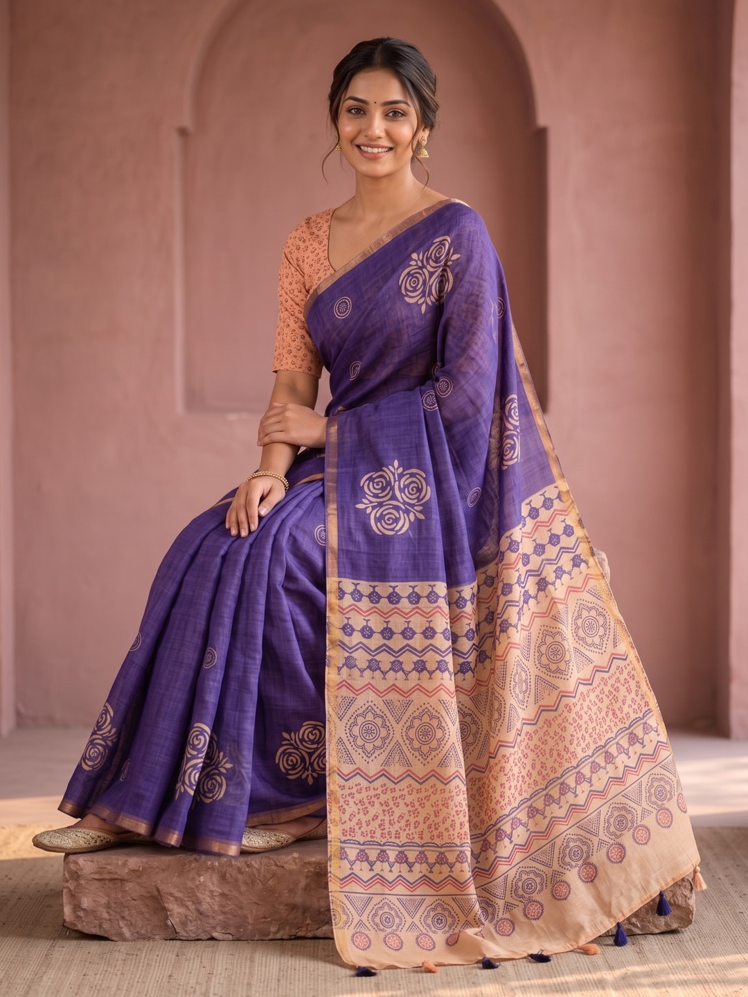 Peachmode Purple Floral Printed Linen Saree With Zari Border - Image 5