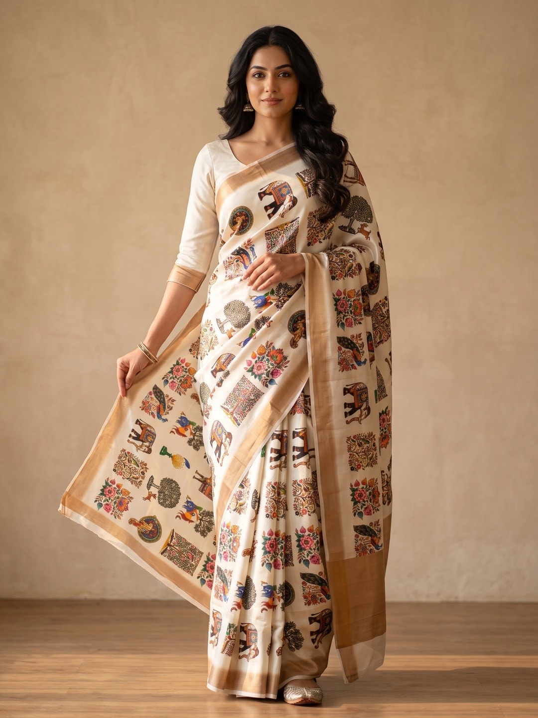 Peachmode Off White Chinon Saree With Ethnic Print And Mirror Work - Image 1