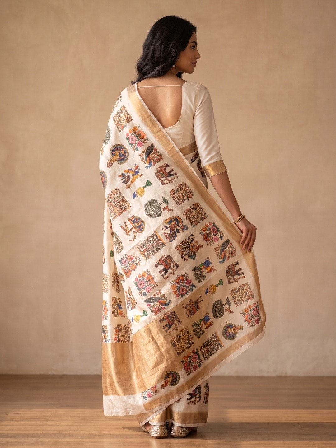 Peachmode Off White Chinon Saree With Ethnic Print And Mirror Work - Image 4