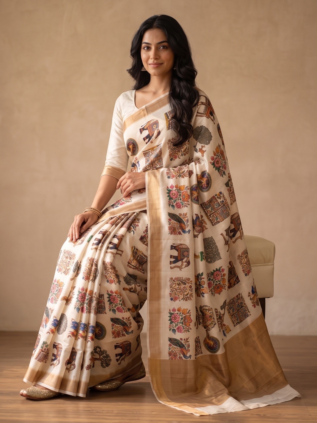 Peachmode Off White Chinon Saree With Ethnic Print And Mirror Work - Image 5